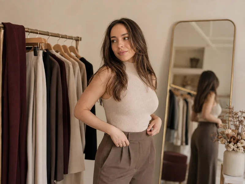 Woman checking the fit of brown trousers in front of a mirror beside a clothing rack