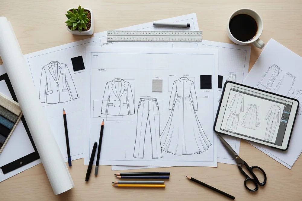 Clothing sketches arranged together to explore outfit combinations