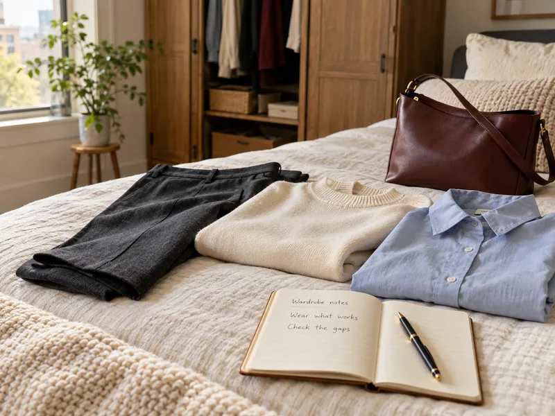 AI-generated illustration of trousers, knitwear, a blue shirt, burgundy bag and wardrobe-review notebook