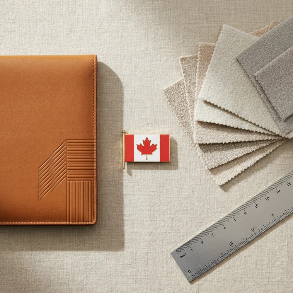 Canadian flag pin with a notebook, fabric swatches and ruler