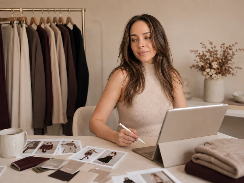 Illustrative wardrobe scene: a woman planning outfit combinations with photographs and a tablet beside folded knitwear