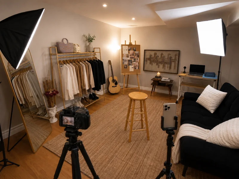 Behind the scenes: camera and phone on tripods facing a stool and clothing rack